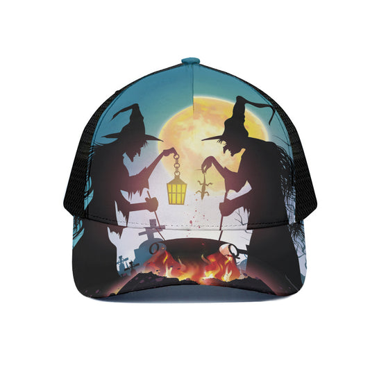 Halloween Witch And Cauldron Print Black Mesh Trucker Cap