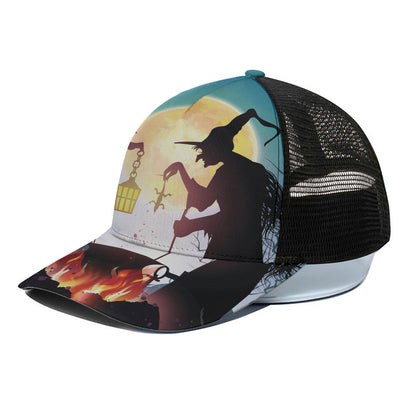 Halloween Witch And Cauldron Print Black Mesh Trucker Cap