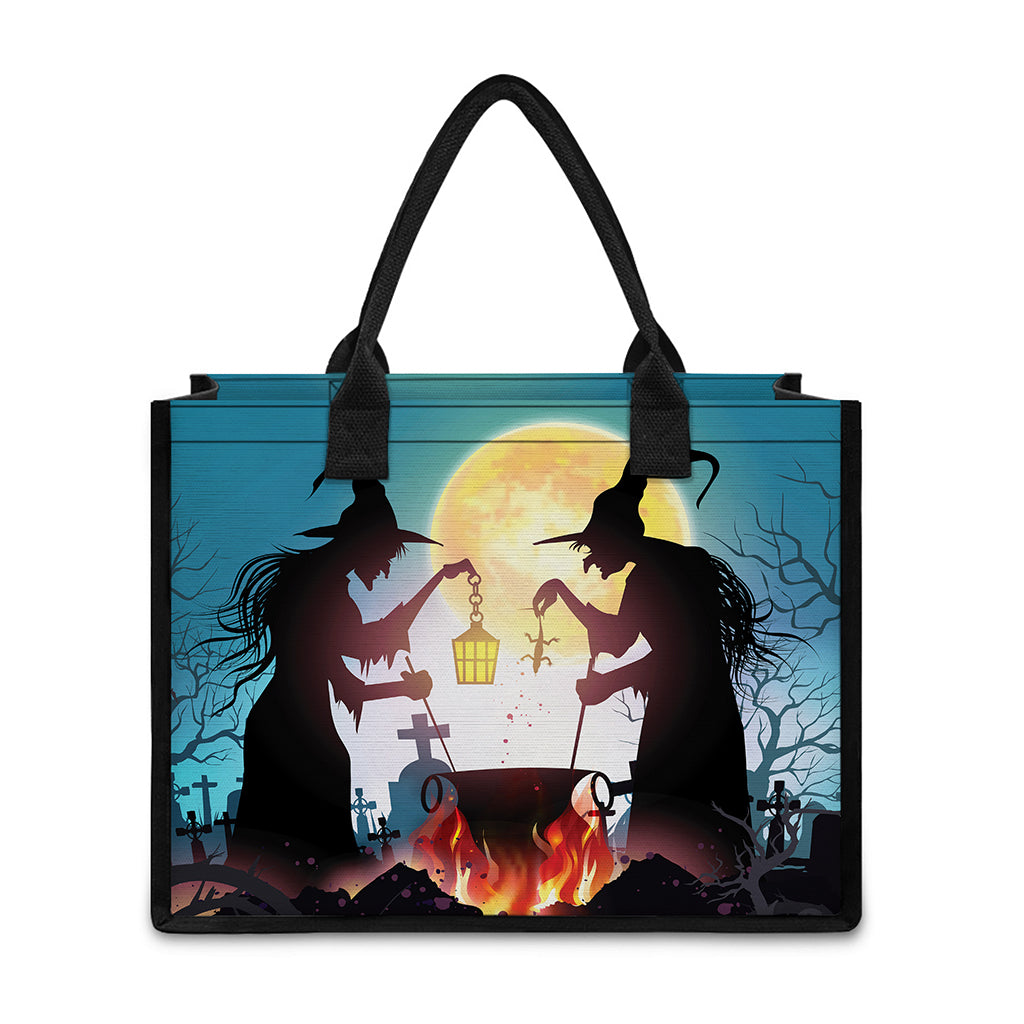 Halloween Witch And Cauldron Print Canvas Tote Bag