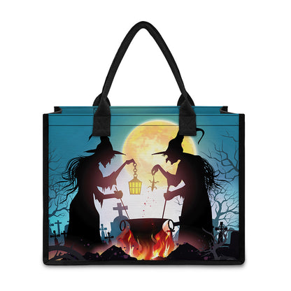 Halloween Witch And Cauldron Print Canvas Tote Bag
