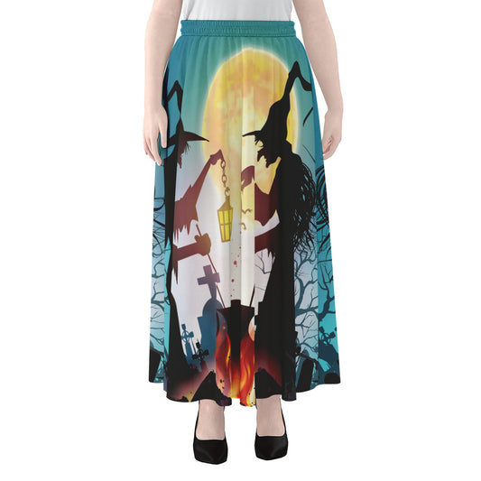 Halloween Witch And Cauldron Print Chiffon Maxi Skirt