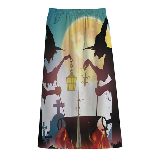 Halloween Witch And Cauldron Print Cotton Front Slit Maxi Skirt