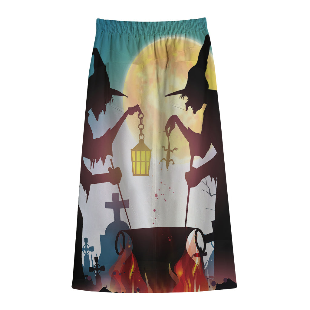 Halloween Witch And Cauldron Print Cotton Front Slit Maxi Skirt