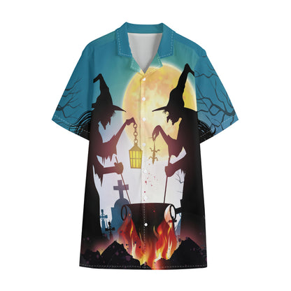 Halloween Witch And Cauldron Print Cotton Hawaiian Shirt