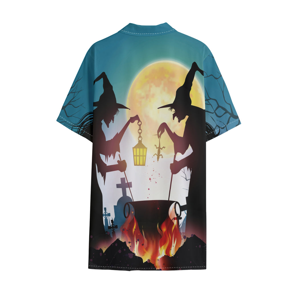 Halloween Witch And Cauldron Print Cotton Hawaiian Shirt