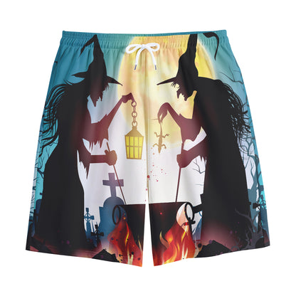 Halloween Witch And Cauldron Print Cotton Shorts