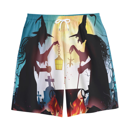 Halloween Witch And Cauldron Print Cotton Shorts