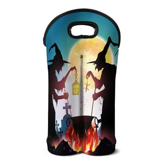 Halloween Witch And Cauldron Print Double Neoprene Wine Tote
