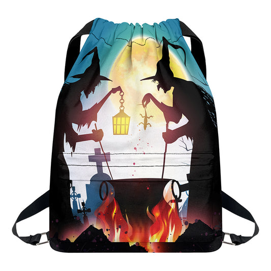Halloween Witch And Cauldron Print Drawstring Backpack