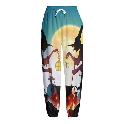 Halloween Witch And Cauldron Print Fleece Lined Knit Pants