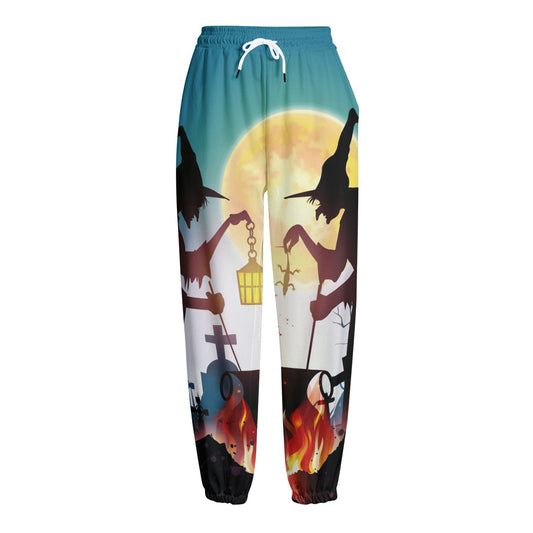 Halloween Witch And Cauldron Print Fleece Lined Knit Pants