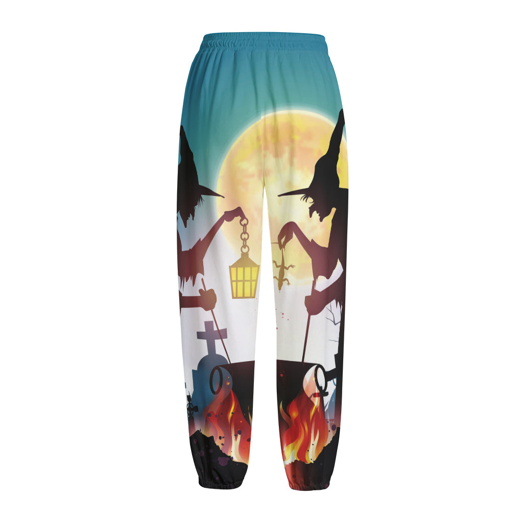 Halloween Witch And Cauldron Print Fleece Lined Knit Pants