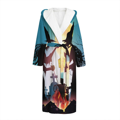 Halloween Witch And Cauldron Print Hooded Bathrobe