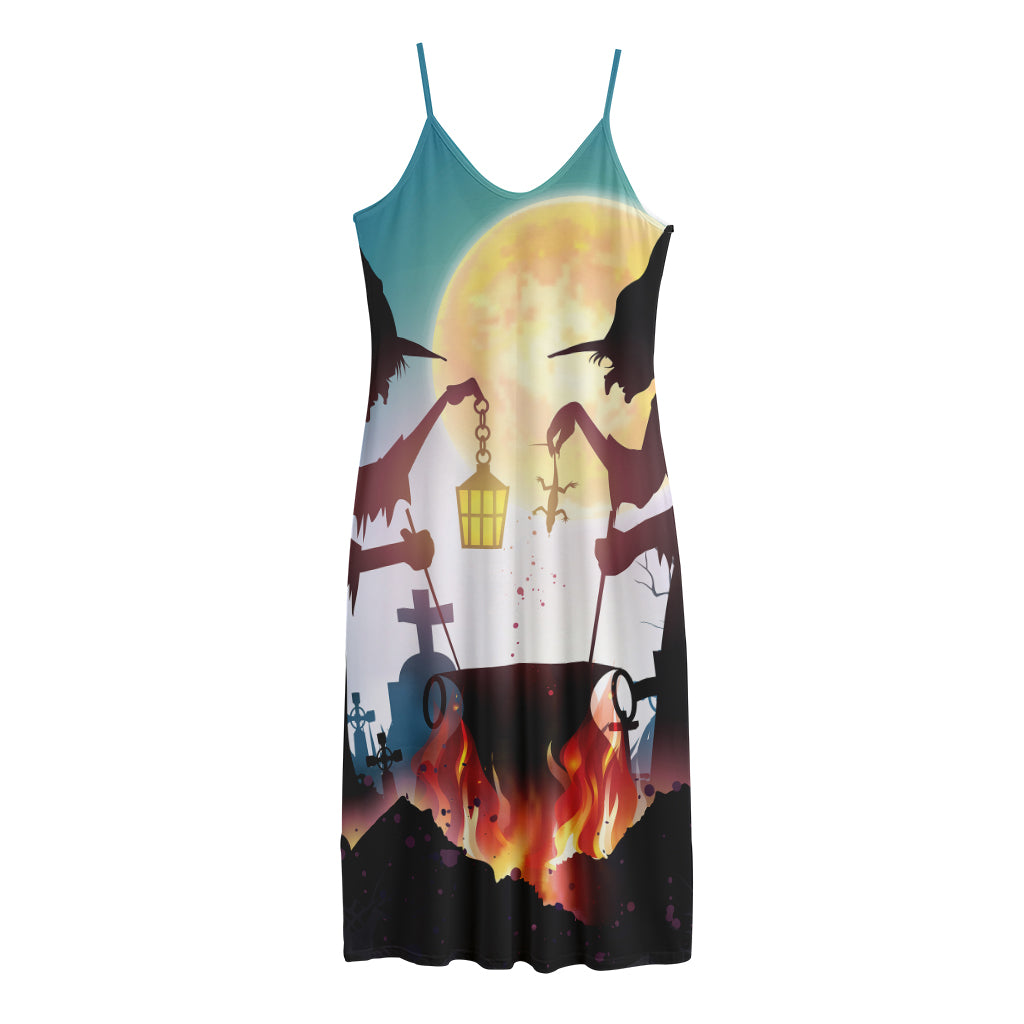 Halloween Witch And Cauldron Print Jersey Midi Cami Dress