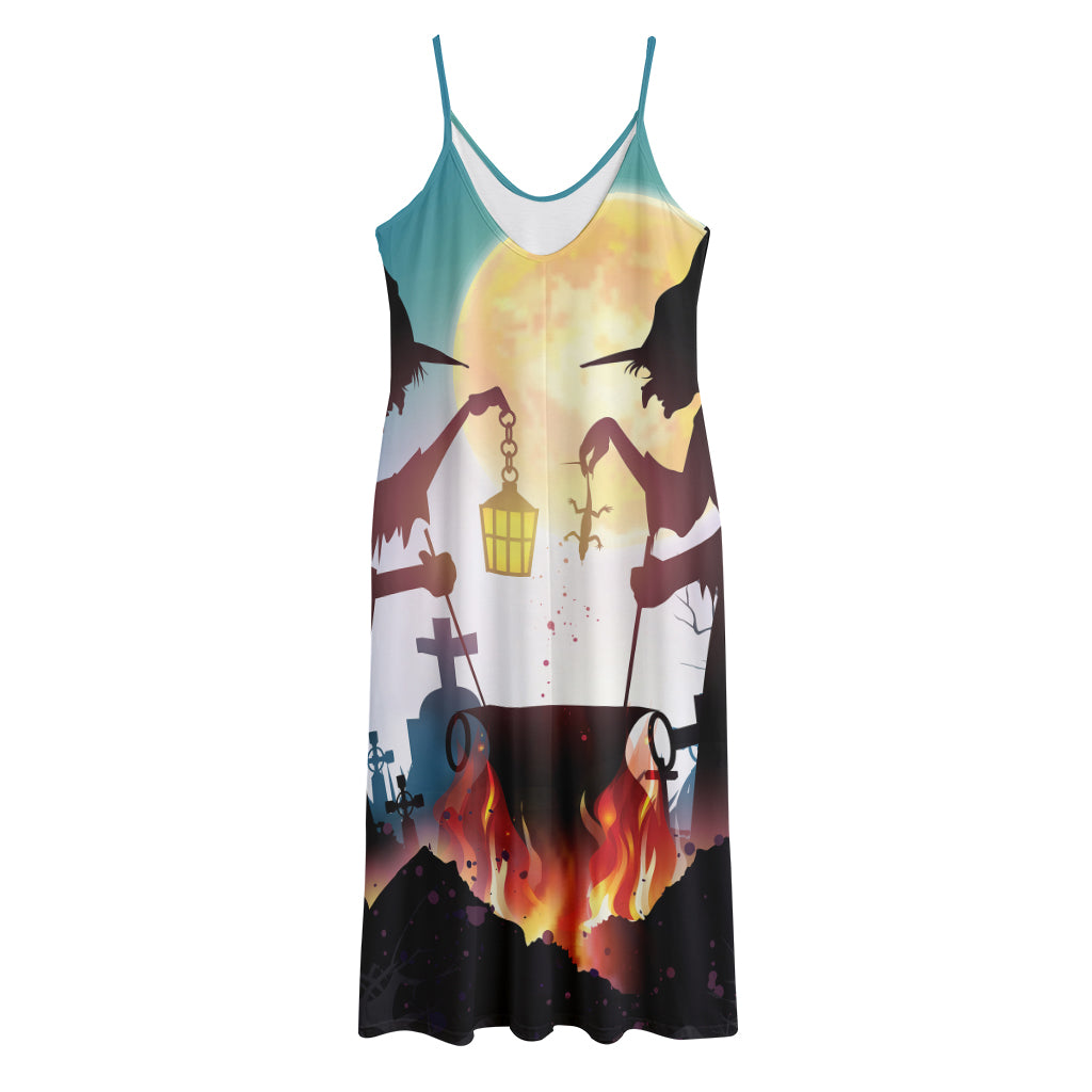 Halloween Witch And Cauldron Print Jersey Midi Cami Dress