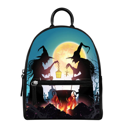 Halloween Witch And Cauldron Print Leather Backpack