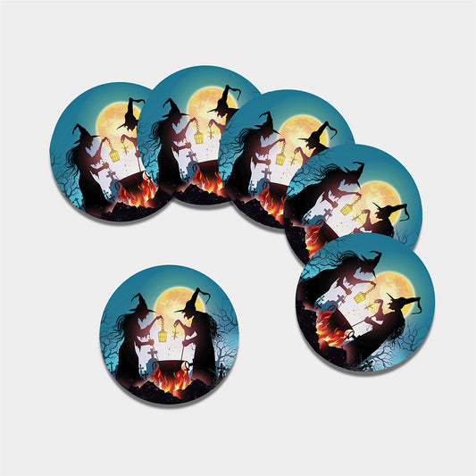 Halloween Witch And Cauldron Print Leather Coaster Set