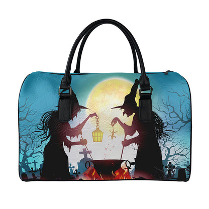 Halloween Witch And Cauldron Print Leather Duffle Bag
