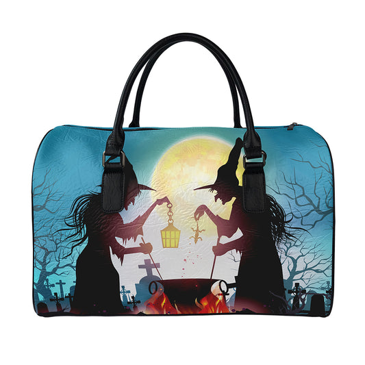 Halloween Witch And Cauldron Print Leather Duffle Bag