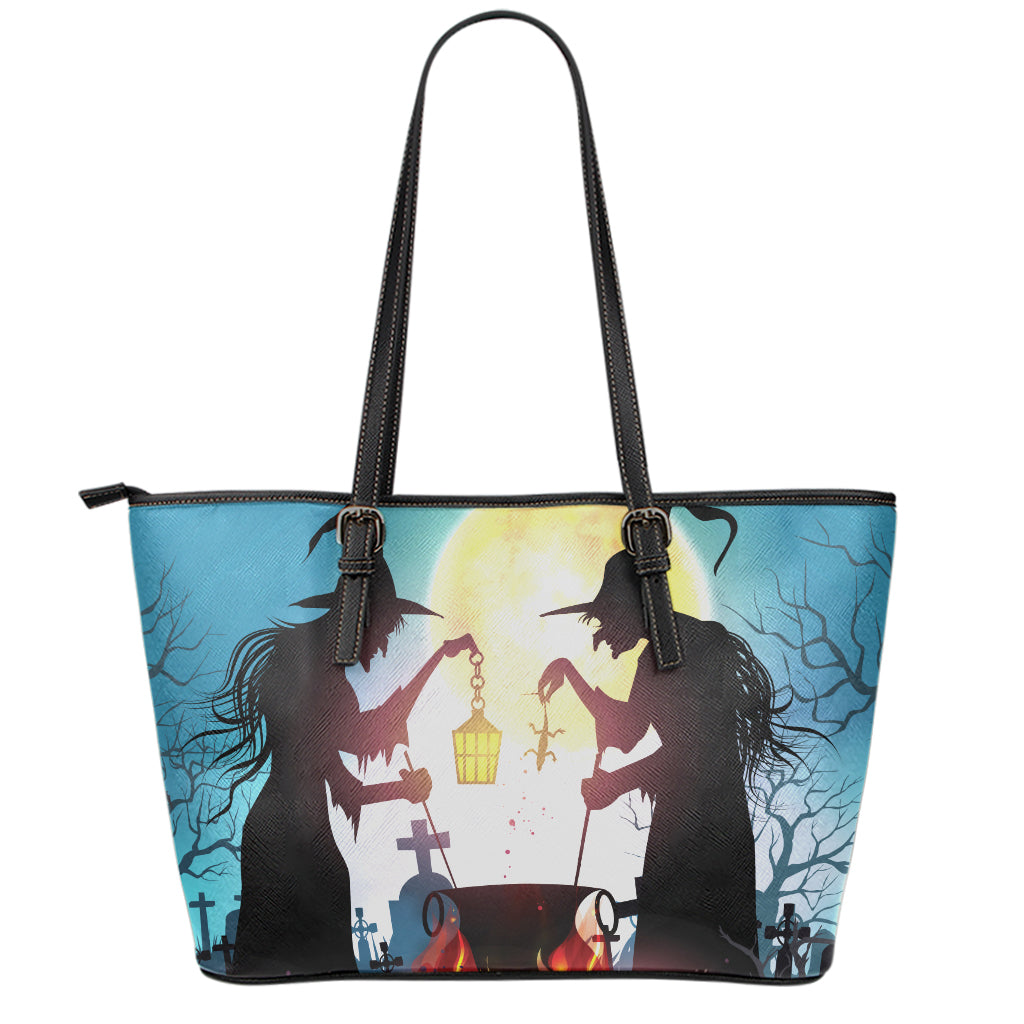 Halloween Witch And Cauldron Print Leather Tote Bag