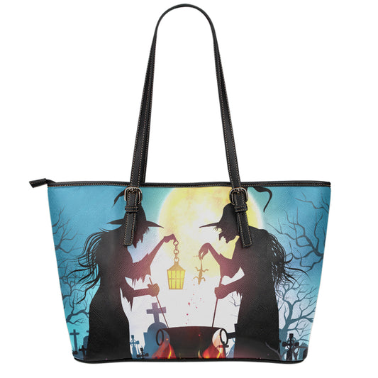 Halloween Witch And Cauldron Print Leather Tote Bag