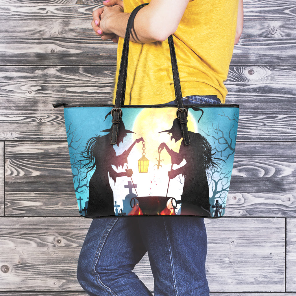 Halloween Witch And Cauldron Print Leather Tote Bag