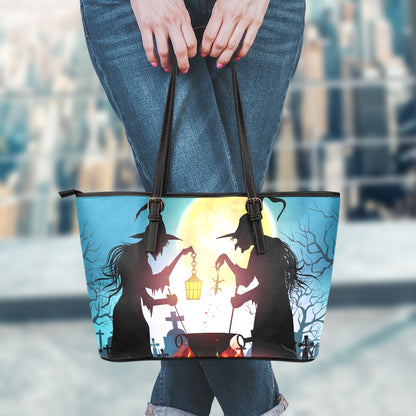 Halloween Witch And Cauldron Print Leather Tote Bag