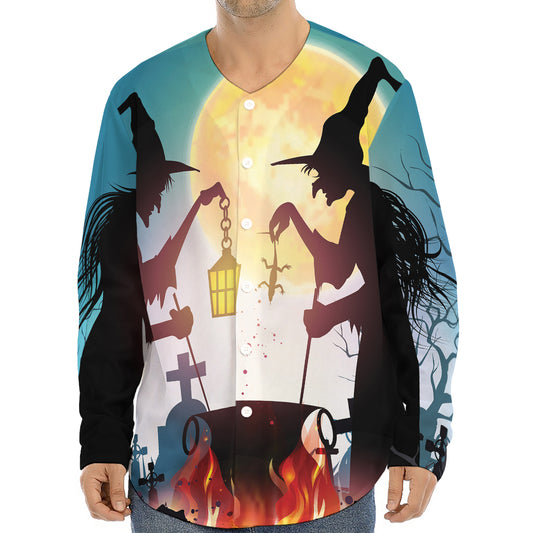 Halloween Witch And Cauldron Print Long Sleeve Baseball Jersey