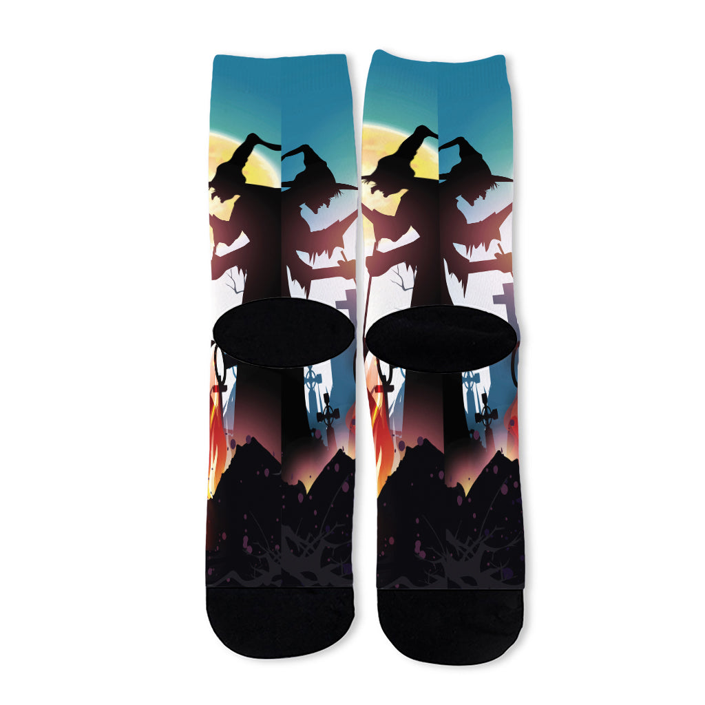 Halloween Witch And Cauldron Print Long Socks