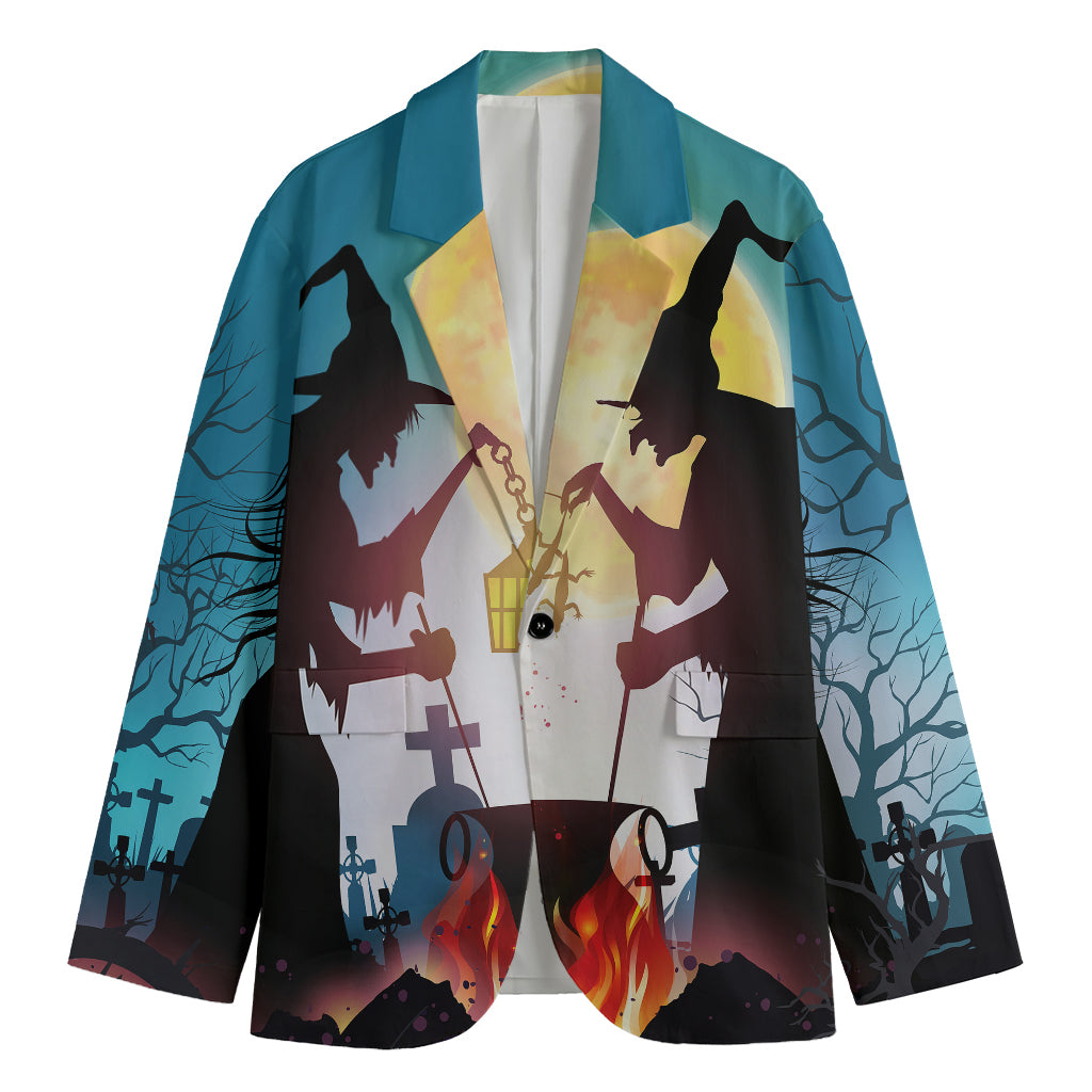 Halloween Witch And Cauldron Print Men's Cotton Blazer