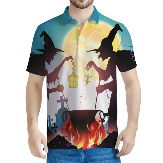 Halloween Witch And Cauldron Print Men's Polo Shirt