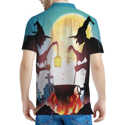 Halloween Witch And Cauldron Print Men's Polo Shirt