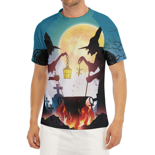 Halloween Witch And Cauldron Print Men's Short Sleeve Rash Guard