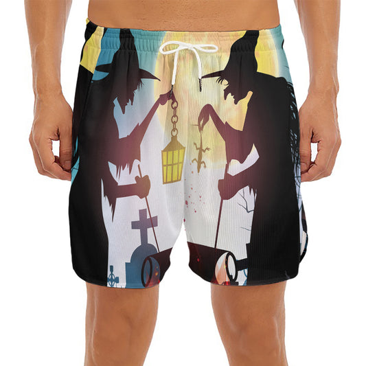 Halloween Witch And Cauldron Print Men's Split Running Shorts