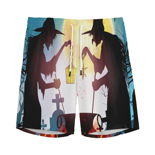 Halloween Witch And Cauldron Print Men's Sports Shorts