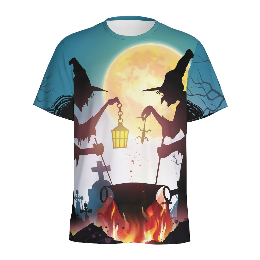 Halloween Witch And Cauldron Print Men's Sports T-Shirt