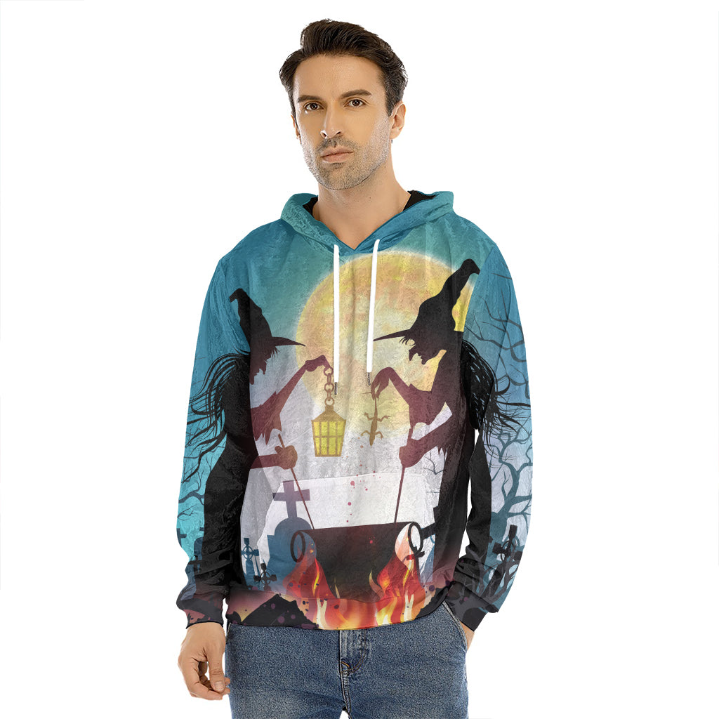 Halloween Witch And Cauldron Print Men's Velvet Pullover Hoodie