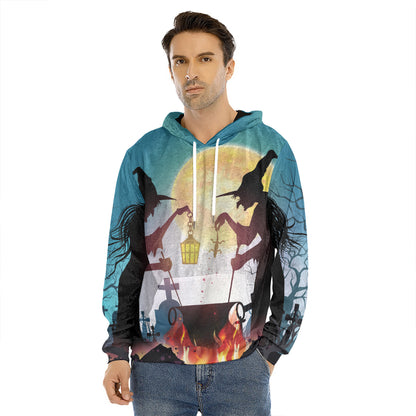 Halloween Witch And Cauldron Print Men's Velvet Pullover Hoodie