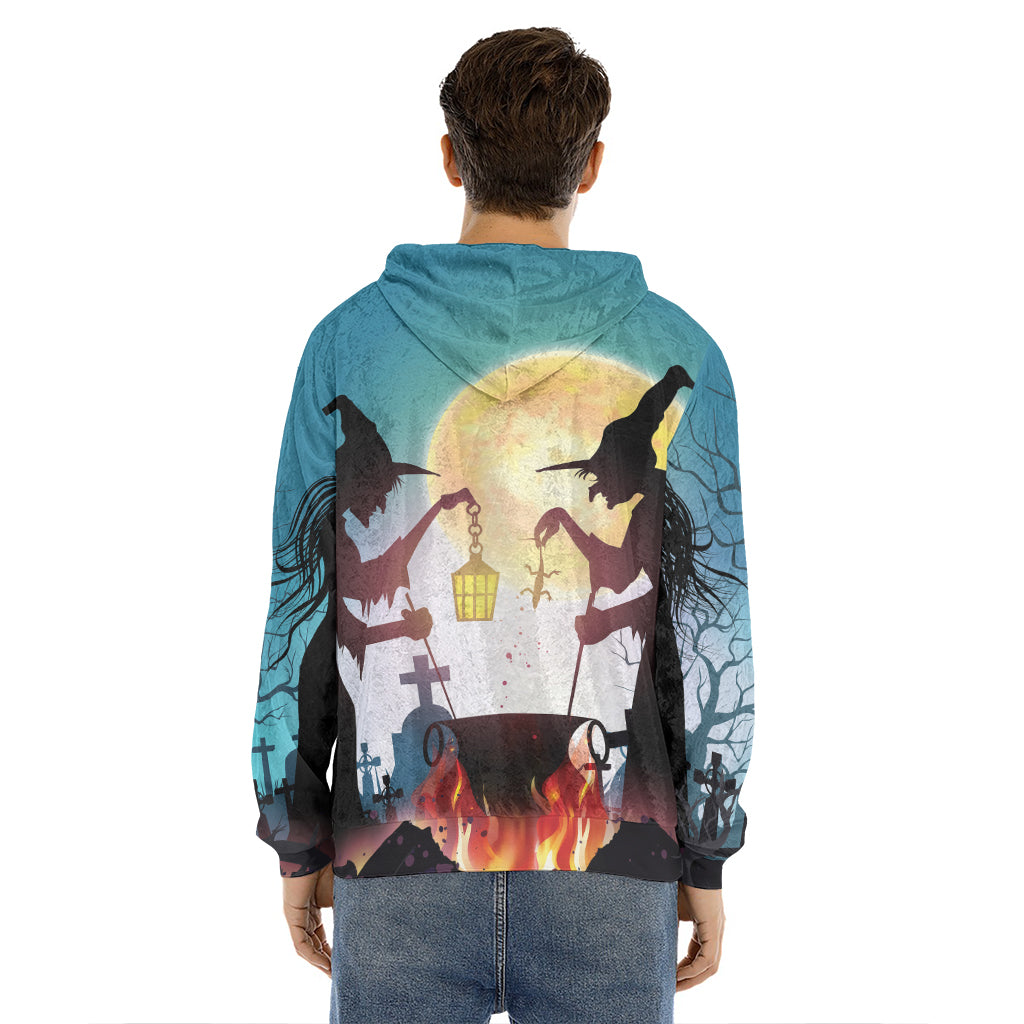 Halloween Witch And Cauldron Print Men's Velvet Pullover Hoodie