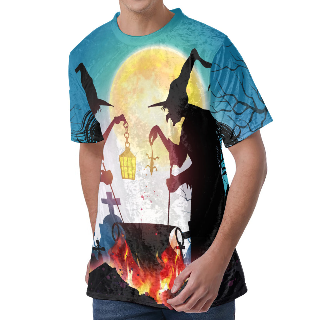 Halloween Witch And Cauldron Print Men's Velvet T-Shirt