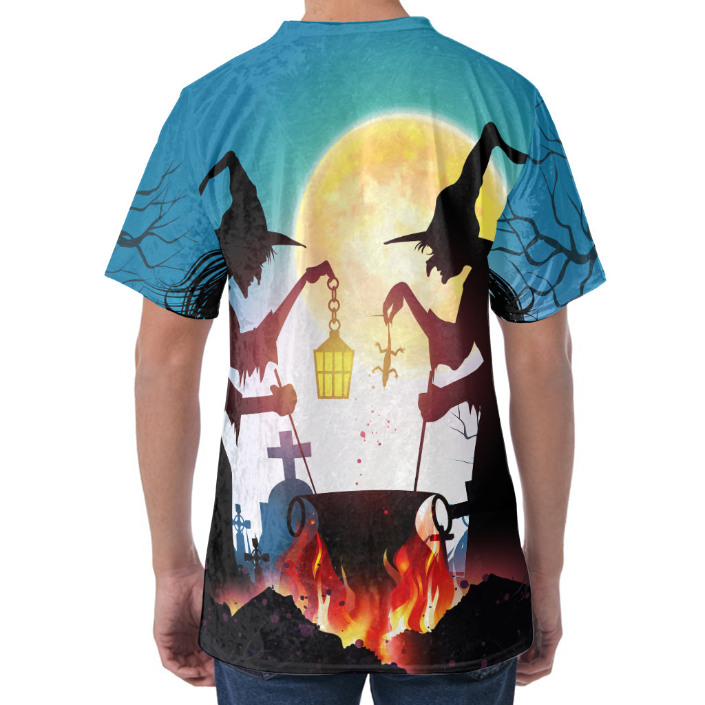 Halloween Witch And Cauldron Print Men's Velvet T-Shirt