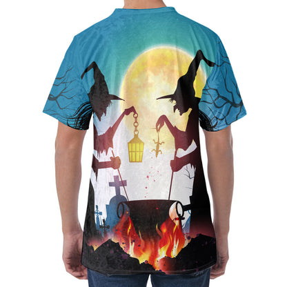 Halloween Witch And Cauldron Print Men's Velvet T-Shirt
