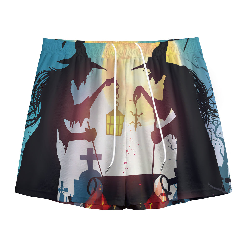 Halloween Witch And Cauldron Print Mesh Shorts