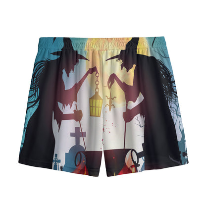 Halloween Witch And Cauldron Print Mesh Shorts