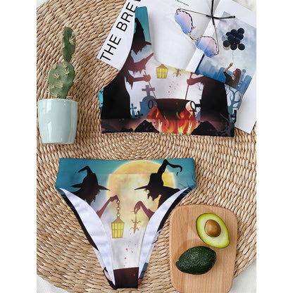 Halloween Witch And Cauldron Print One Shoulder Bikini Top