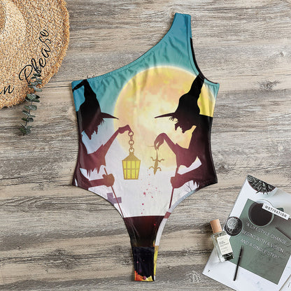 Halloween Witch And Cauldron Print One Shoulder Bodysuit