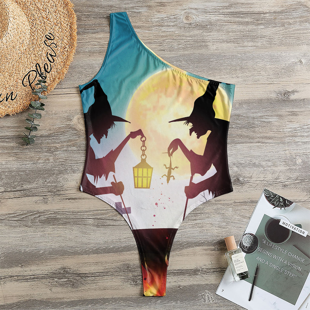 Halloween Witch And Cauldron Print One Shoulder Bodysuit