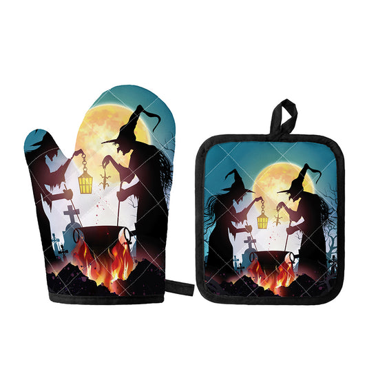 Halloween Witch And Cauldron Print Oven Mitt And Pot Holder Set