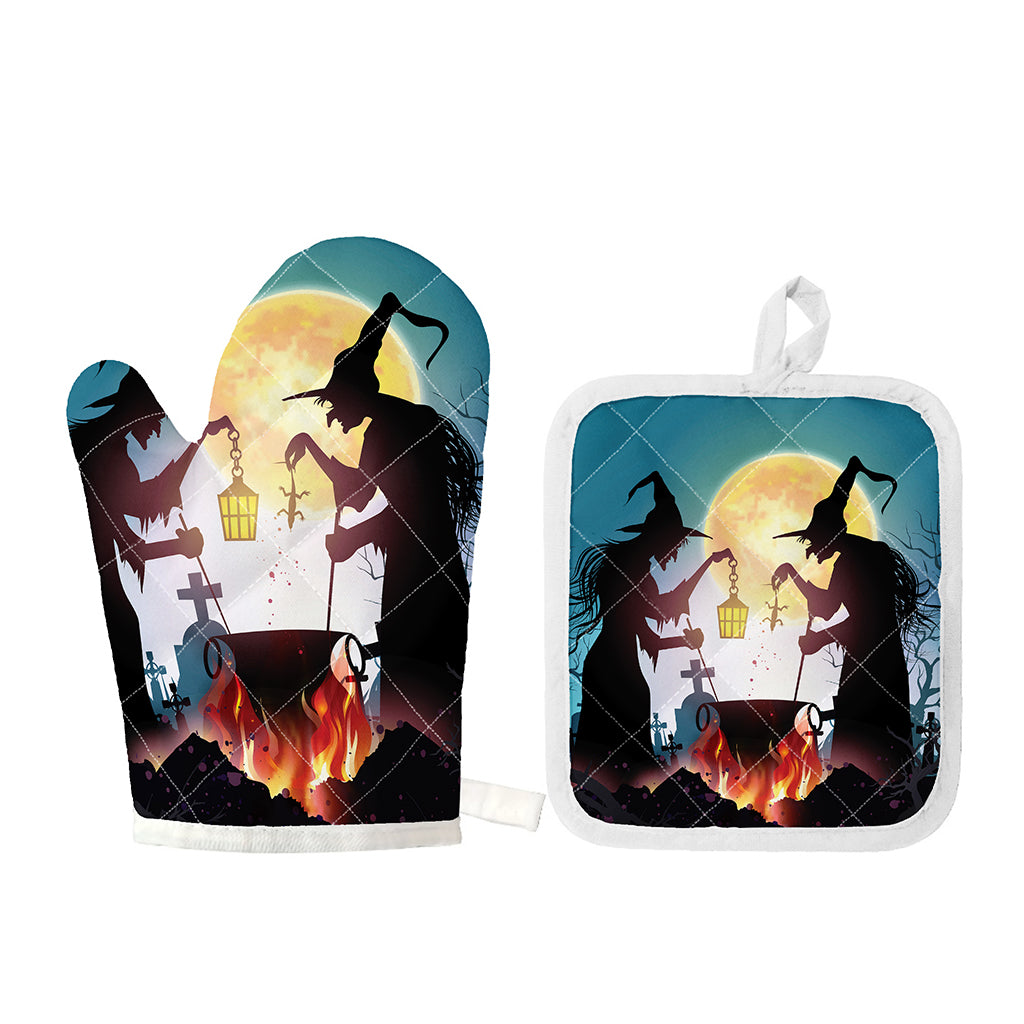 Halloween Witch And Cauldron Print Oven Mitt And Pot Holder Set