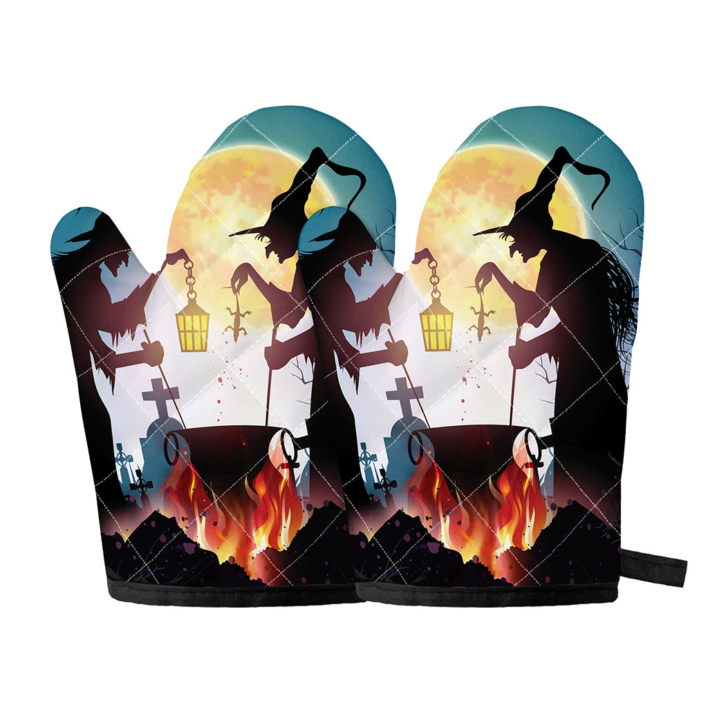 Halloween Witch And Cauldron Print Oven Mitts